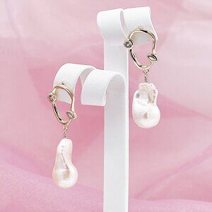 Baroque Flameball Pearl Earrings, 14K Gold Filled Abstract CZ Studs